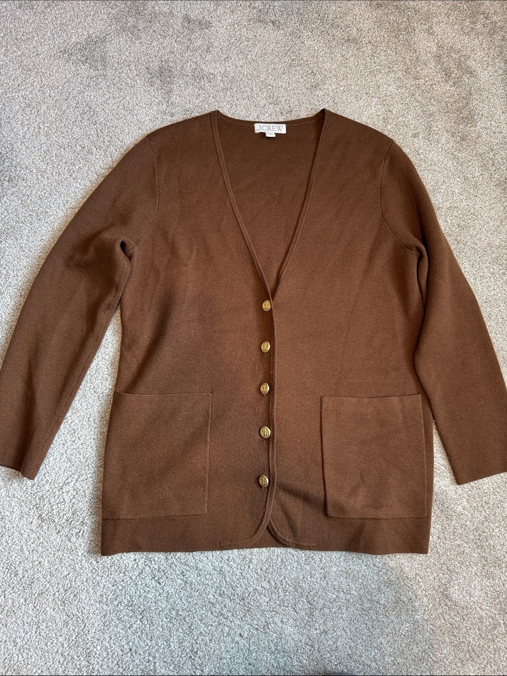 J. Crew Brown V-Neck Button Cardigan with Patch Pockets